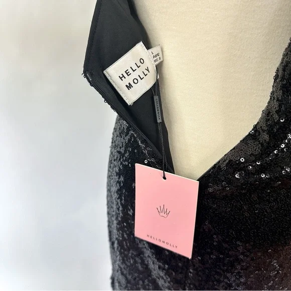 NWT Hello Molly Black Sequin Mini Dress with Asymmetrical Neckline | Size Large - Picture 5 of 5